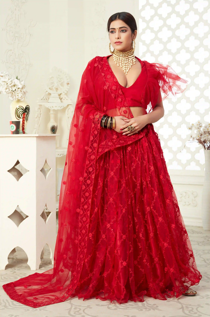 Embroidered Lehenga Choli | Red Net & Art Silk  Festive Wear