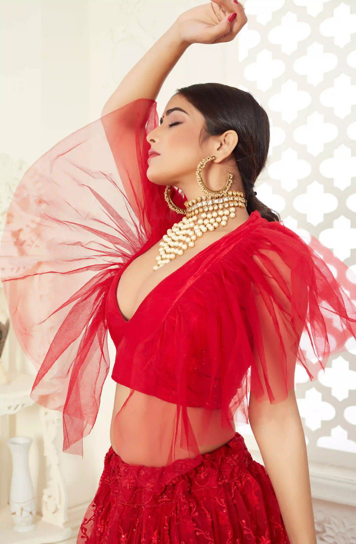 Embroidered Lehenga Choli | Red Net & Art Silk  Festive Wear