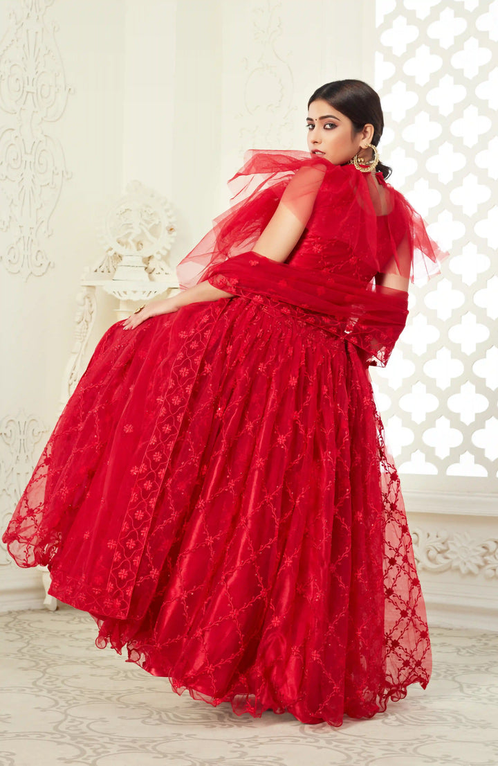 Embroidered Lehenga Choli | Red Net & Art Silk  Festive Wear