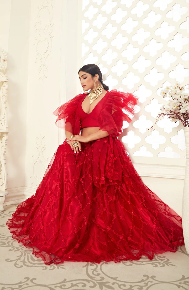 Embroidered Lehenga Choli | Red Net & Art Silk  Festive Wear