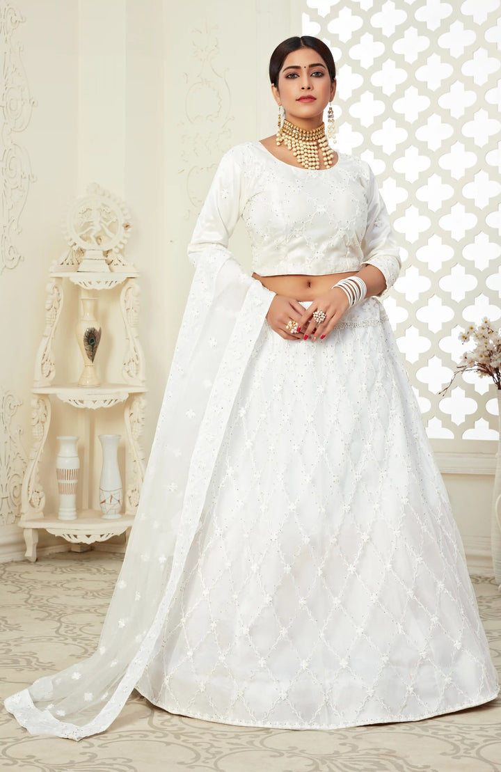 White Bridal Lehenga Choli | Net & Art Silk with Thread and Stone Work