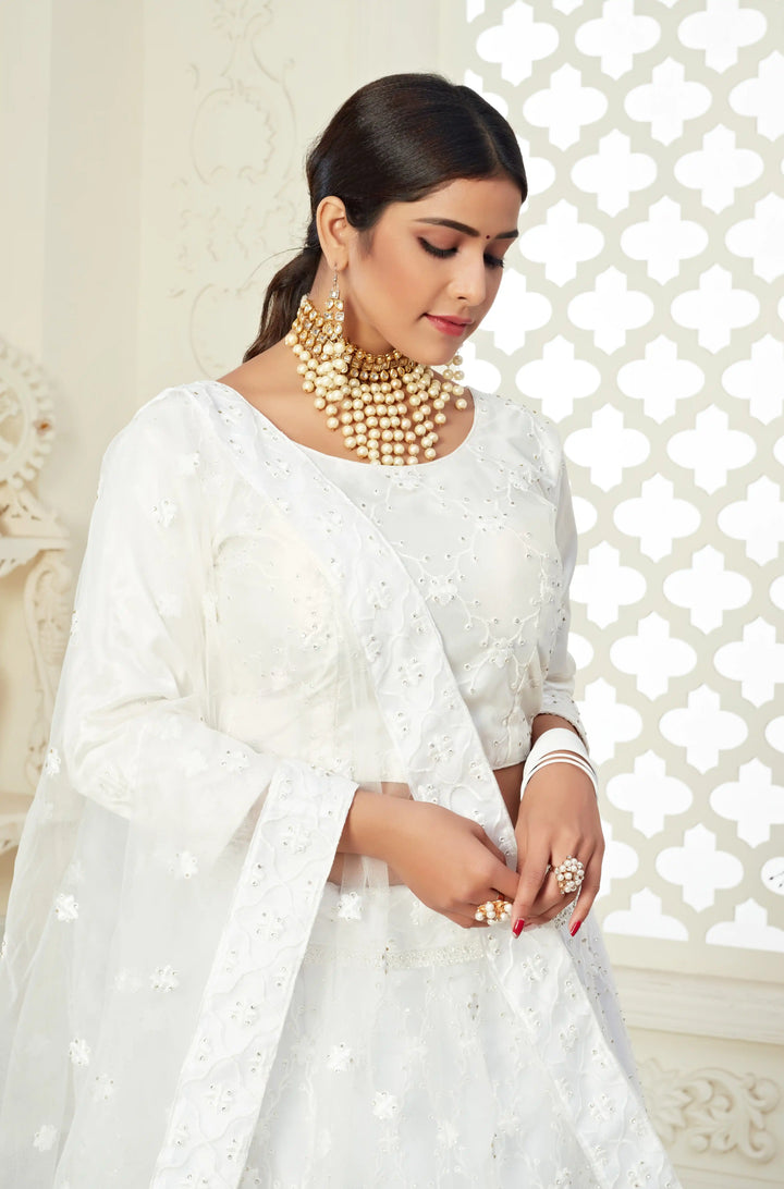 White Bridal Lehenga Choli | Net & Art Silk with Thread and Stone Work