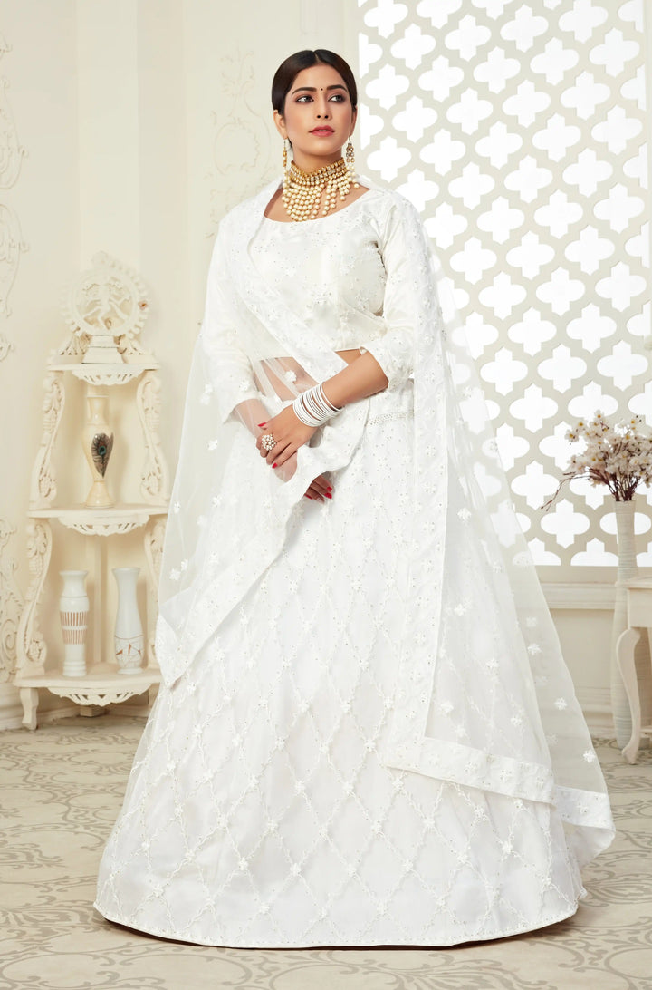 White Bridal Lehenga Choli | Net & Art Silk with Thread and Stone Work