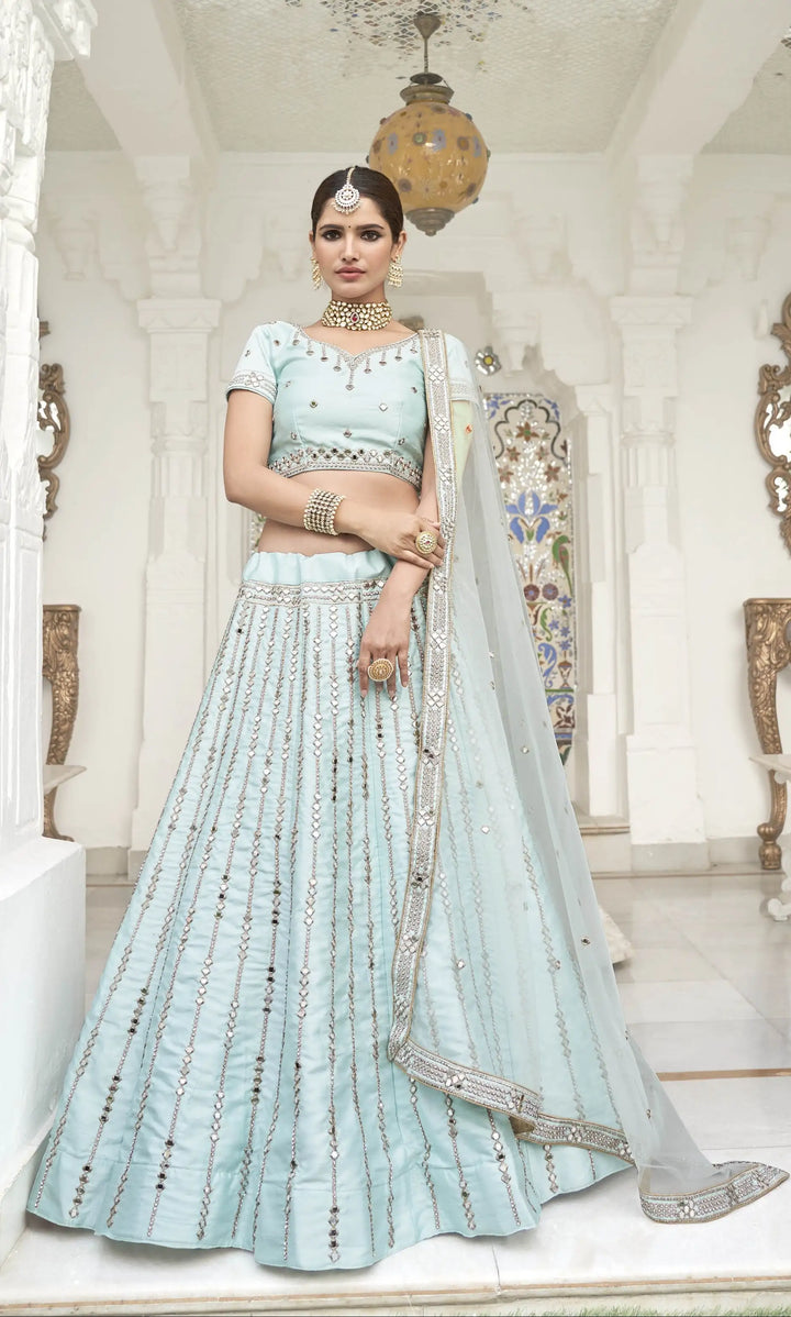 Light Blue Heavy Silk Lehenga Choli | Embroidery & Real Mirror Work