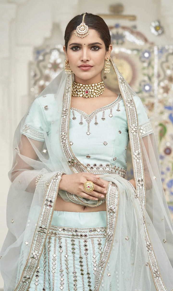 Light Blue Heavy Silk Lehenga Choli | Embroidery & Real Mirror Work