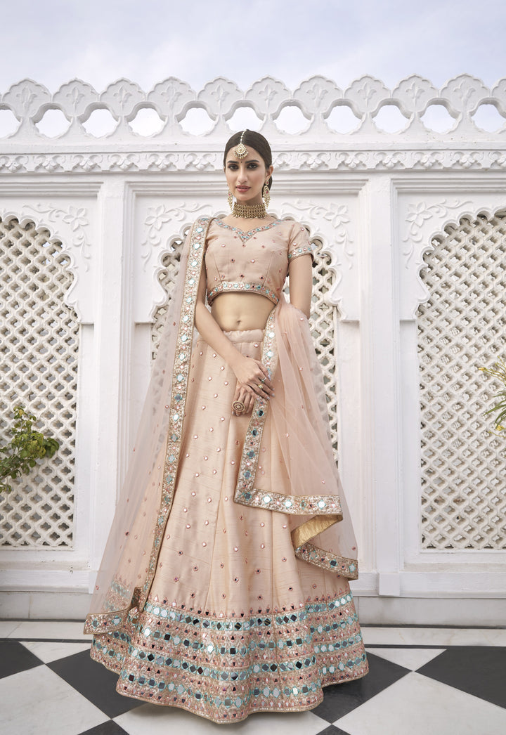 Peach Heavy Silk Lehenga Choli | Real Mirror Work Bridal Wear