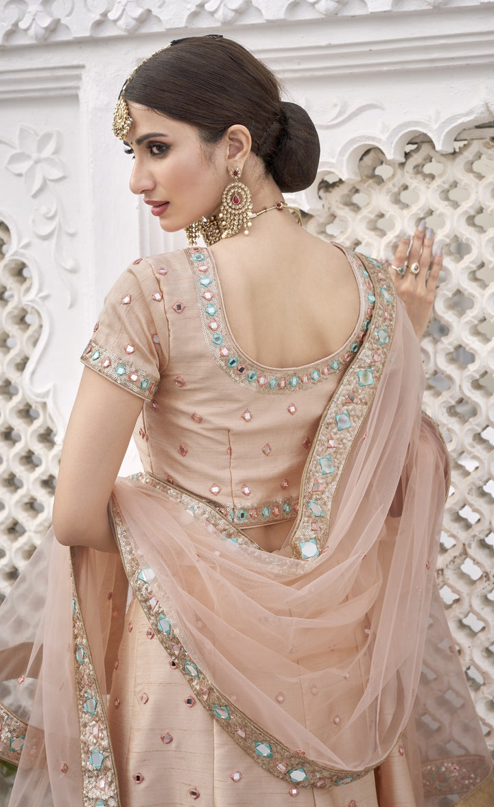 Peach Heavy Silk Lehenga Choli | Real Mirror Work Bridal Wear