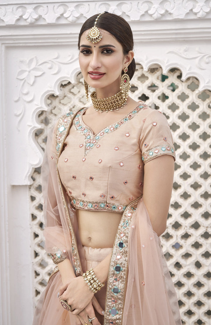 Peach Heavy Silk Lehenga Choli | Real Mirror Work Bridal Wear