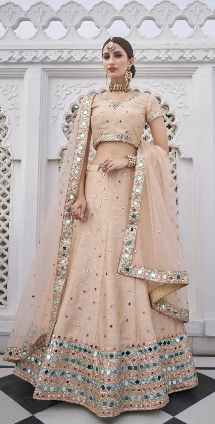 Peach Heavy Silk Lehenga Choli | Real Mirror Work Bridal Wear