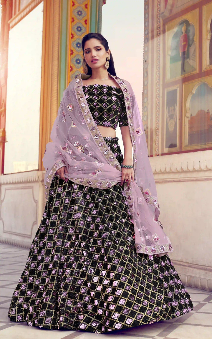 Black & Lavender Designer Lehenga Choli | Fur Imported Fabric Sequins Work