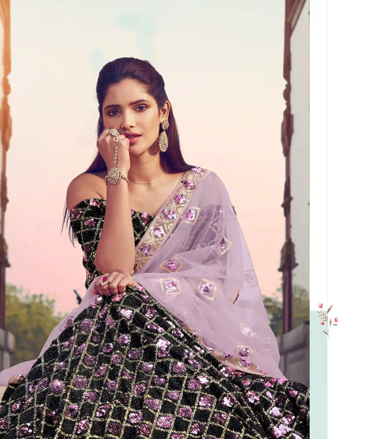 Black & Lavender Designer Lehenga Choli | Fur Imported Fabric Sequins Work