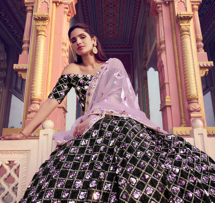 Black & Lavender Designer Lehenga Choli | Fur Imported Fabric Sequins Work