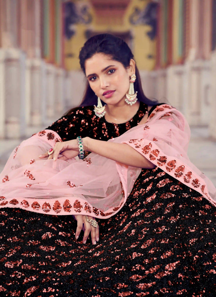 Designer Black & Peach Lehenga Choli Sequins Work | Wedding & Party Outfit