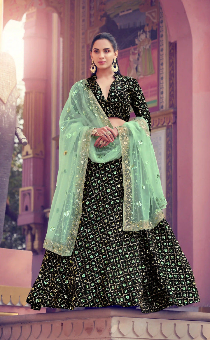 Designer Black & Pastel Green Lehenga Choli | Soft Net Dupatta Party Wear