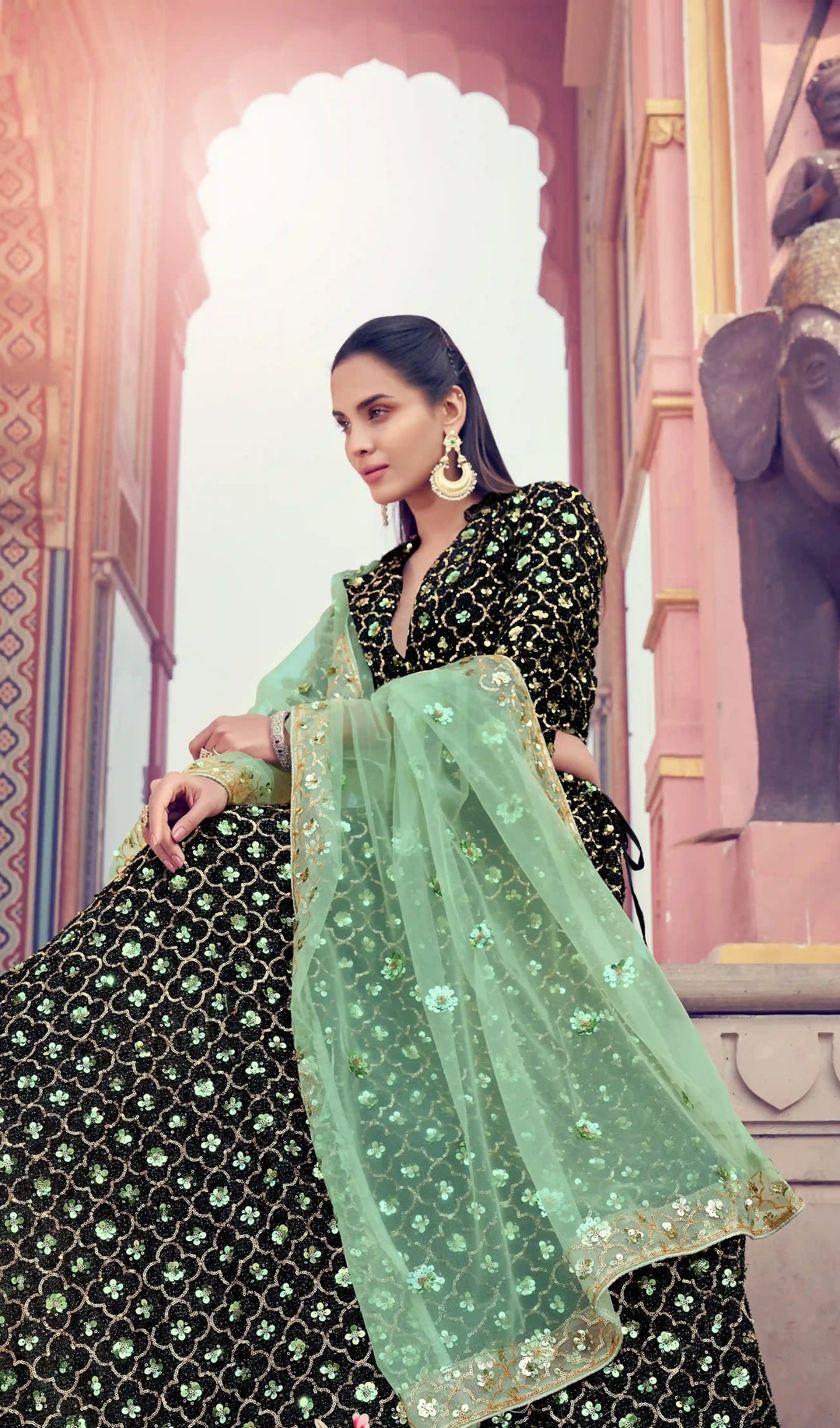 Designer Black & Pastel Green Lehenga Choli | Soft Net Dupatta Party Wear