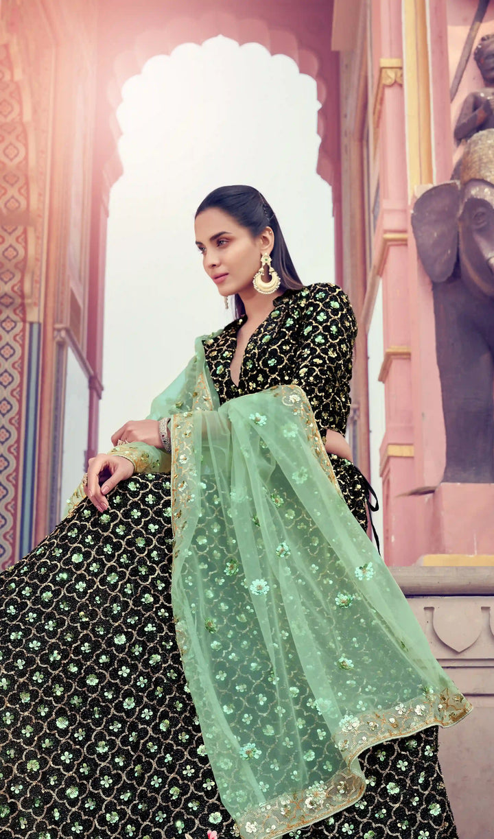 Designer Black & Pastel Green Lehenga Choli | Soft Net Dupatta Party Wear