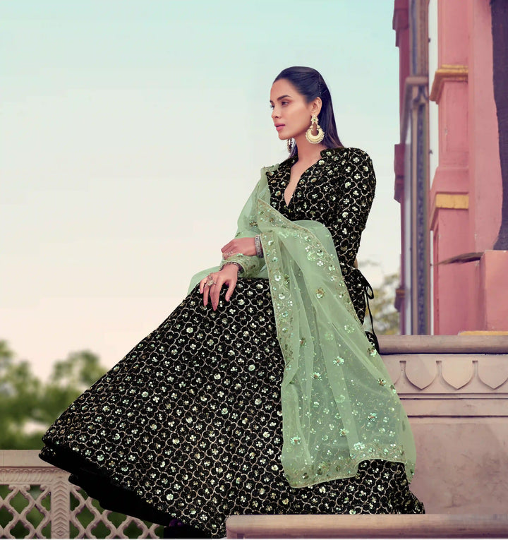 Designer Black & Pastel Green Lehenga Choli | Soft Net Dupatta Party Wear