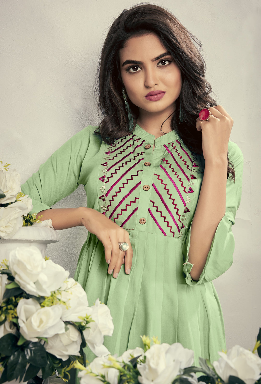 Pista Green Rayon Kurti | Heavy Embroidery with Feeding Both Side Zip