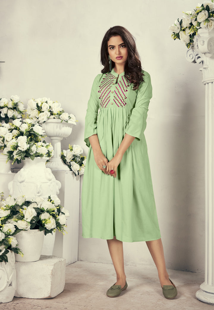 Elegant Pista Green Rayon Long Kurti | Heavy Embroidery with Feeding Zip
