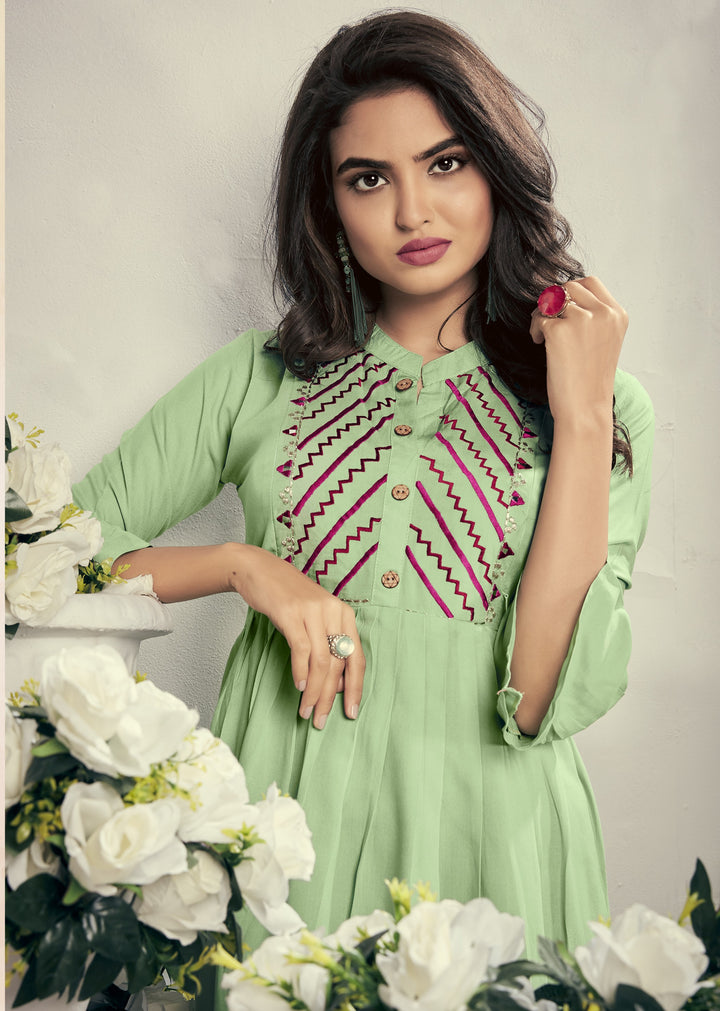 Elegant Pista Green Rayon Long Kurti | Heavy Embroidery with Feeding Zip