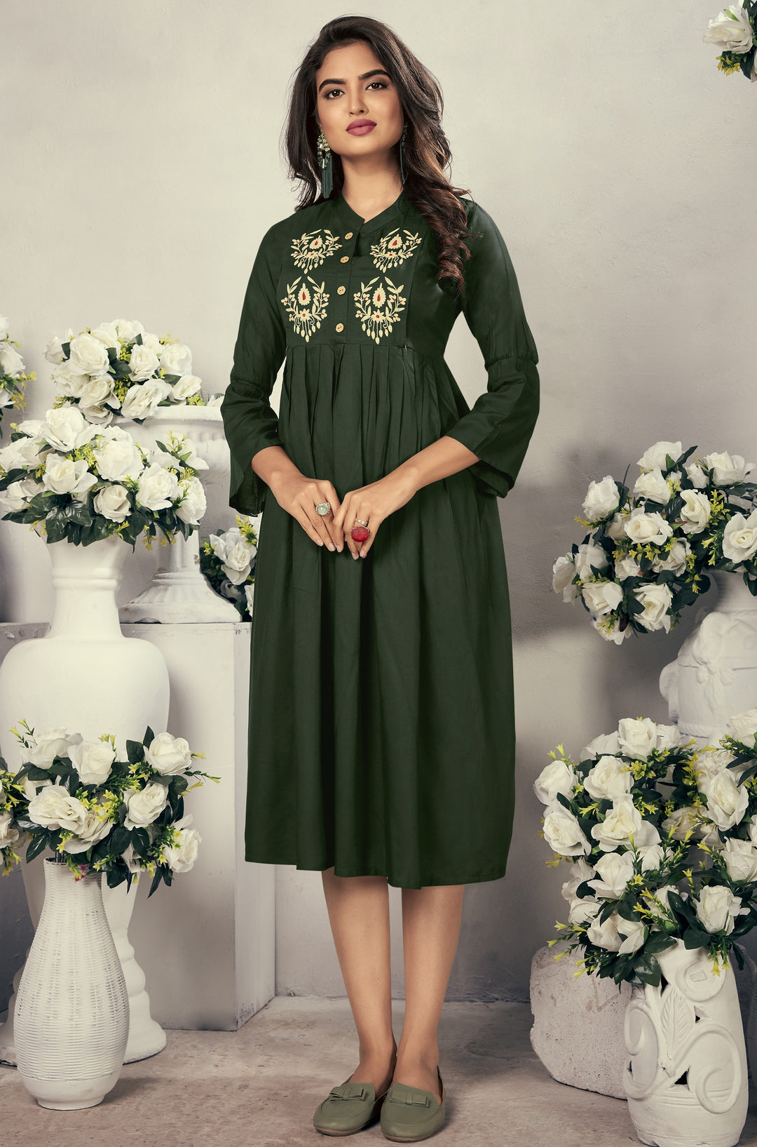 Traditional Rayon Kurti | Green Color  Heavy Embroidery & Side Zip