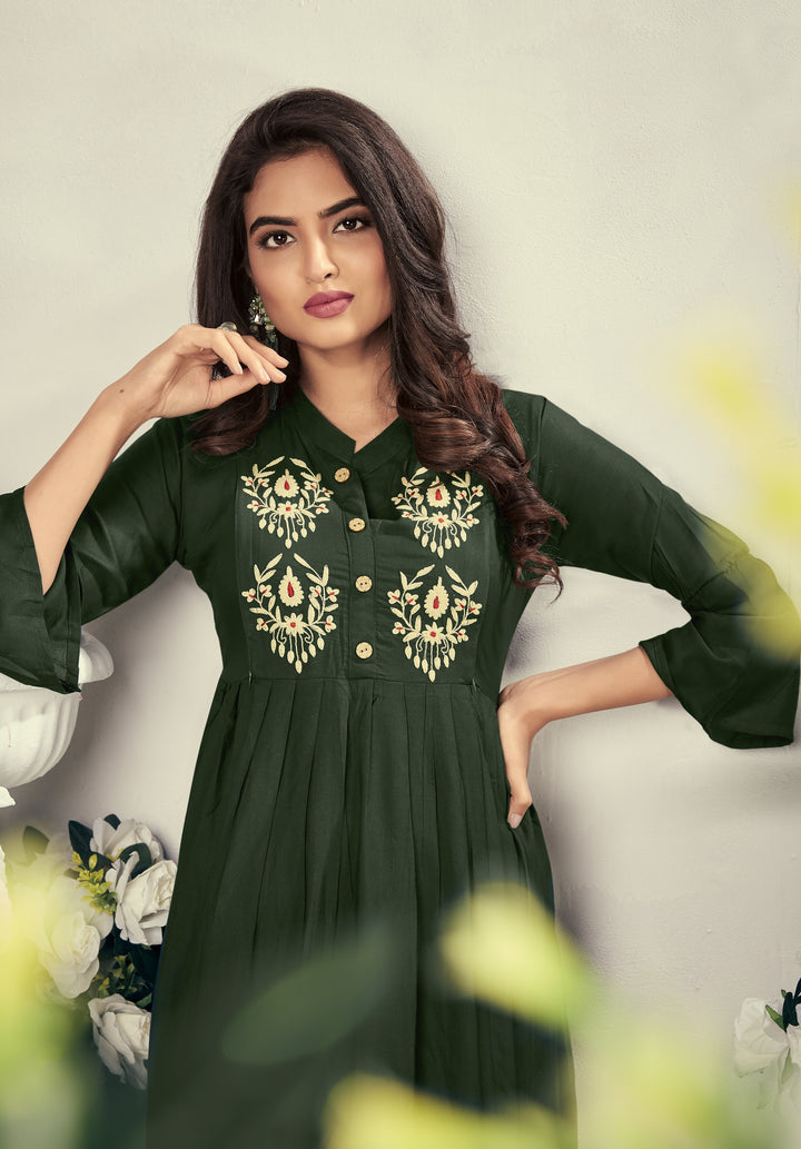 Traditional Rayon Kurti | Green Color  Heavy Embroidery & Side Zip