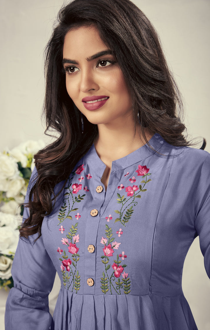 Soft Purple Rayon Kurti | Heavy Embroidery Stylish & Comfortable Wear