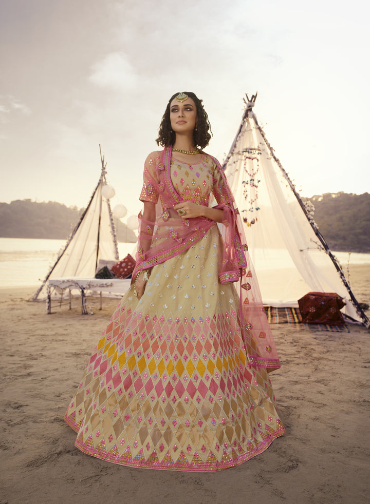 Stunning Beige Organza Lehenga | Foil & Thread Embroidery  Bridal Wear