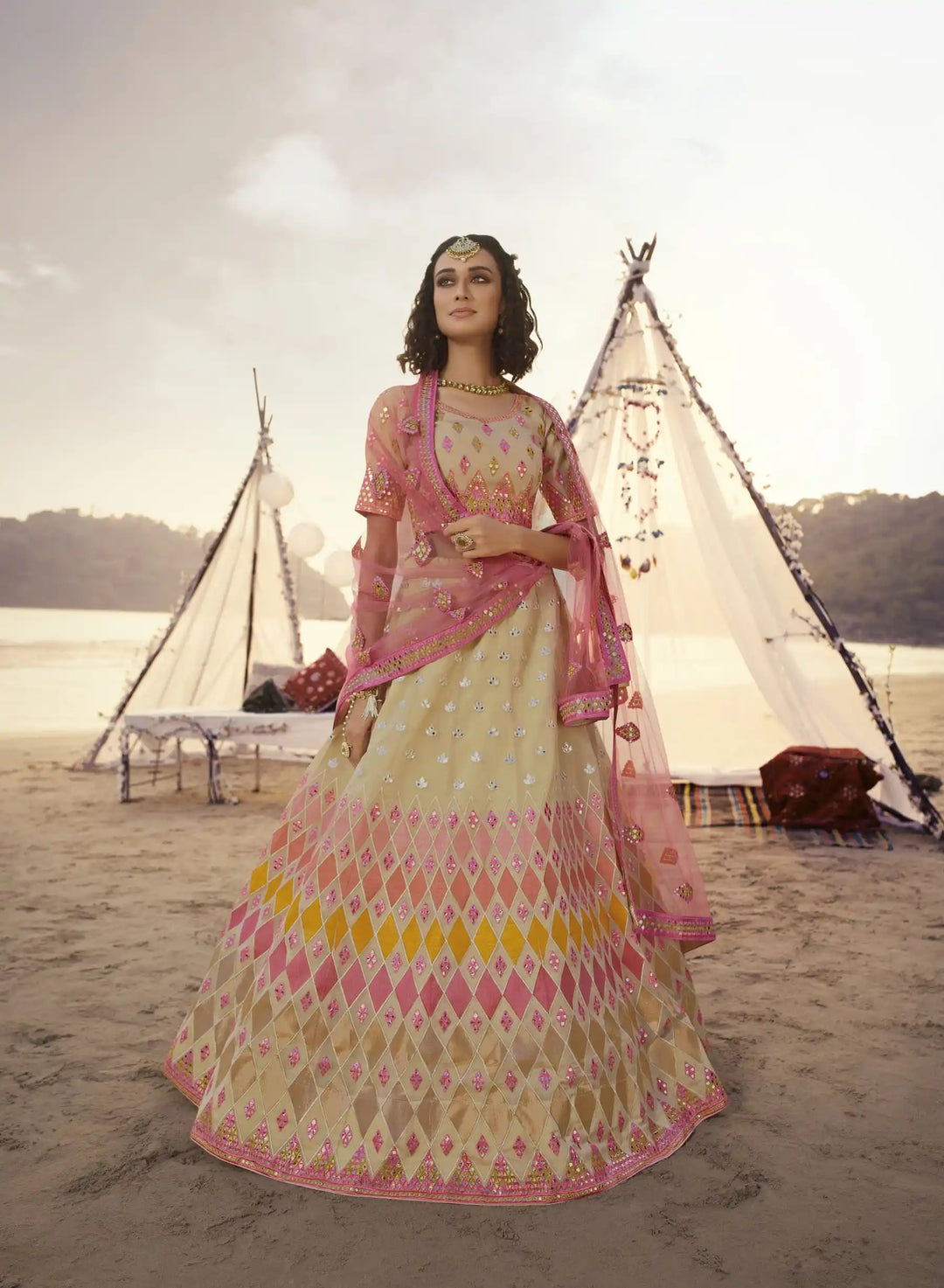 Stunning Beige Organza Lehenga | Foil & Thread Embroidery  Bridal Wear
