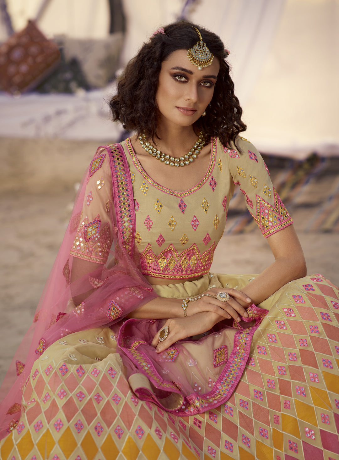 Stunning Beige Organza Lehenga | Foil & Thread Embroidery  Bridal Wear