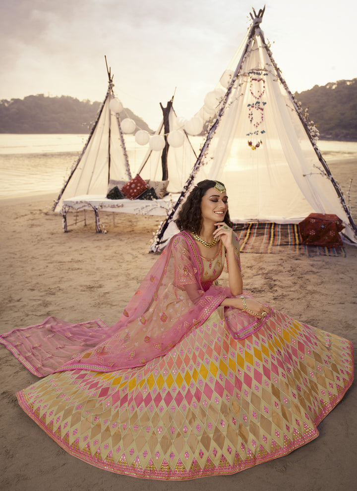 Stunning Beige Organza Lehenga | Foil & Thread Embroidery  Bridal Wear