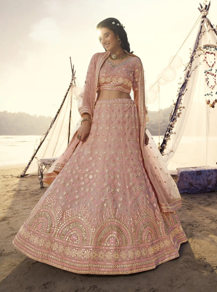 Peach Organza Lehenga | Thread & Foil Work with Soft Net Dupatta
