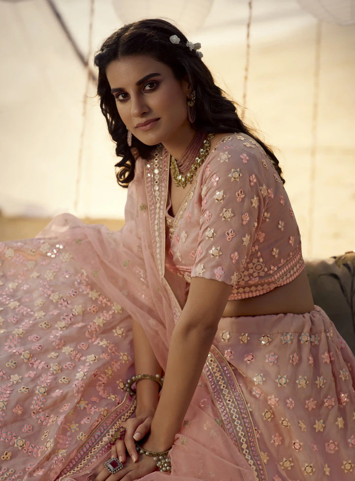 Peach Organza Lehenga | Thread & Foil Work with Soft Net Dupatta
