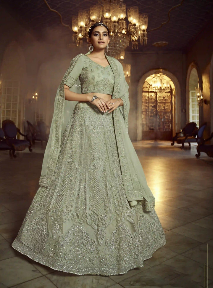 Designer Light Green Soft Net Lehenga | Embroidered Party & Wedding Wear Set