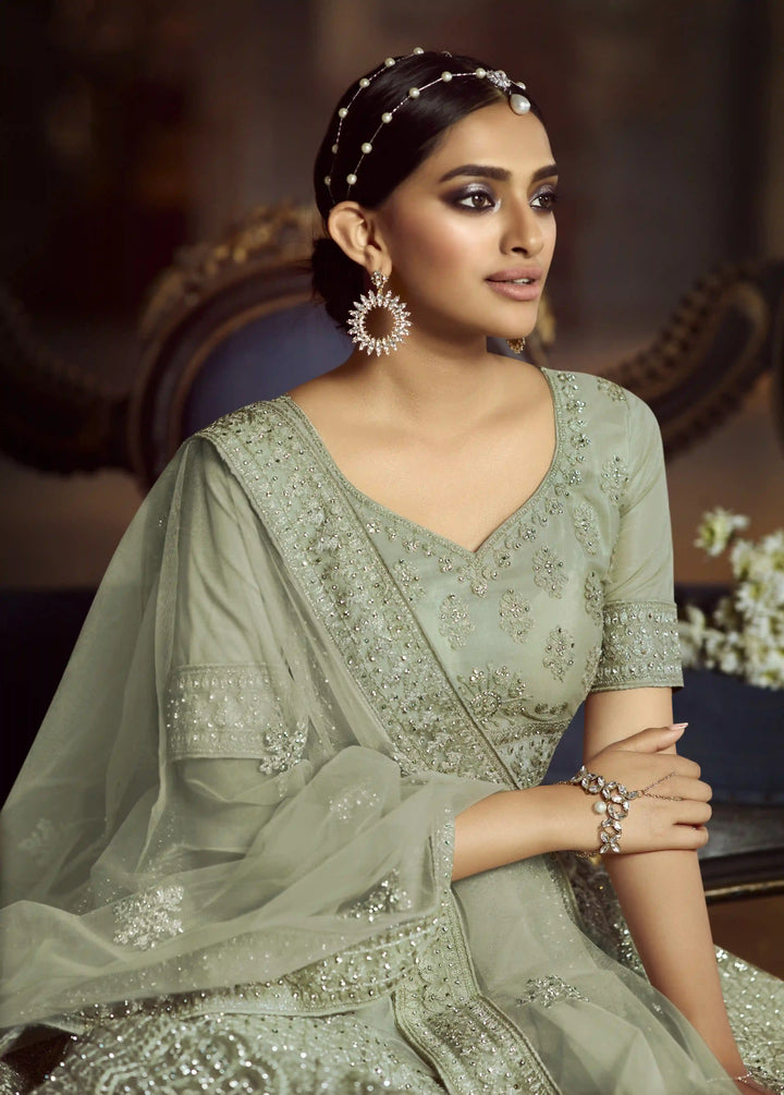 Designer Light Green Soft Net Lehenga | Embroidered Party & Wedding Wear Set