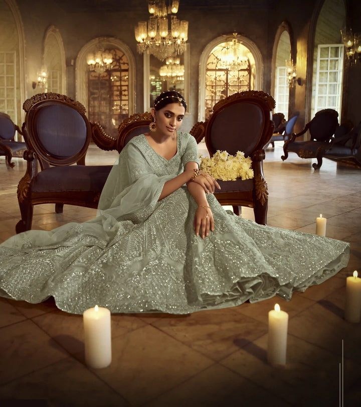 Designer Light Green Soft Net Lehenga | Embroidered Party & Wedding Wear Set