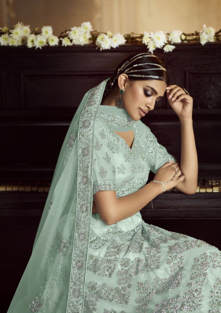 Designer Light Sky Blue Lehenga Choli | Soft Net Dori & Zarkan Embroidery