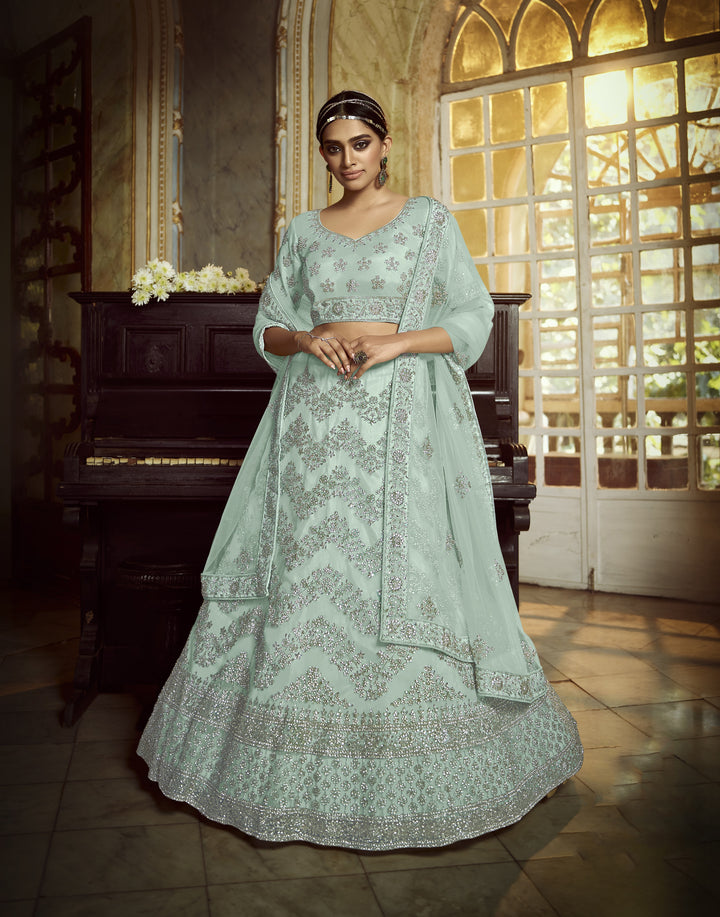 Designer Light Sky Blue Lehenga Choli | Soft Net Dori & Zarkan Embroidery