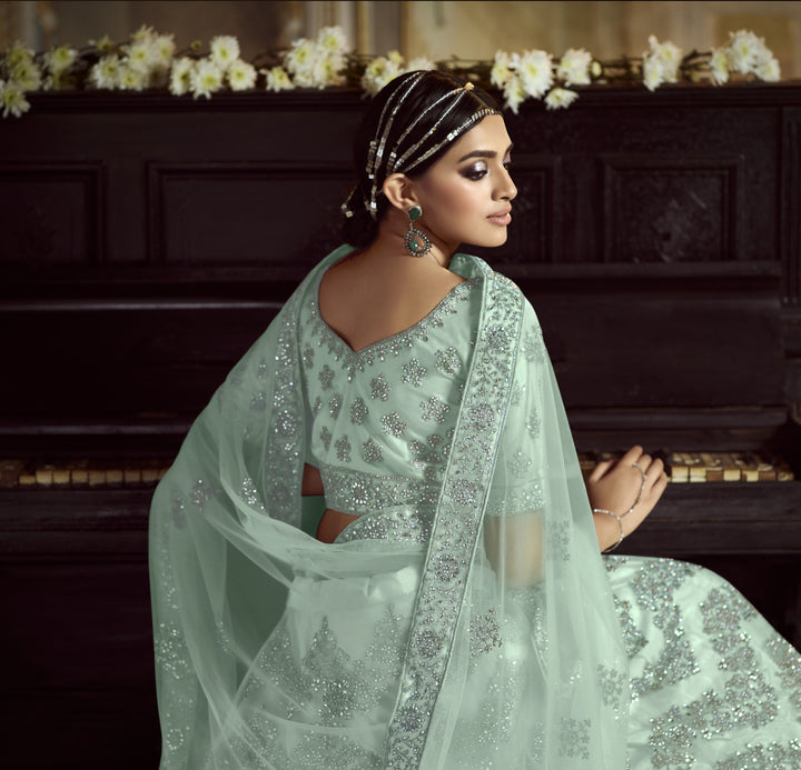 Designer Light Sky Blue Lehenga Choli | Soft Net Dori & Zarkan Embroidery