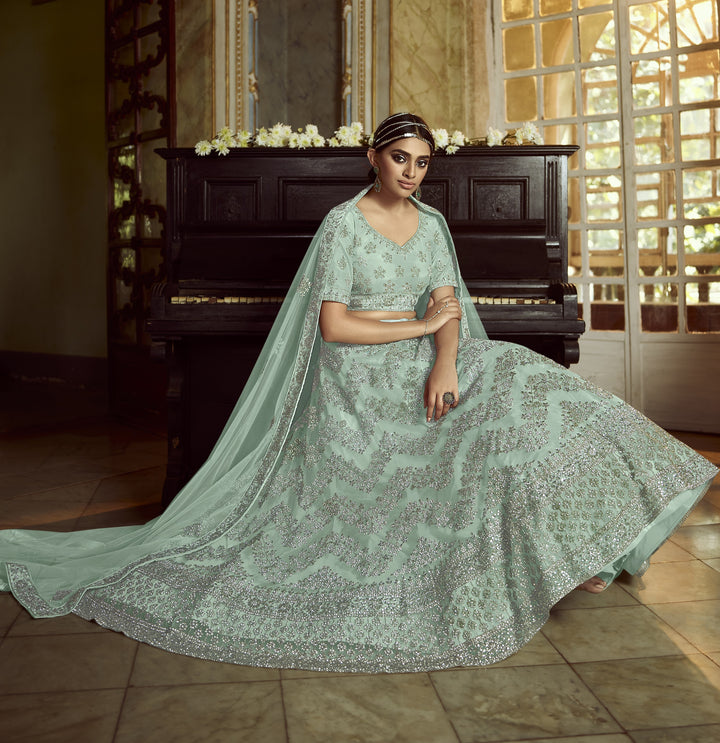 Designer Light Sky Blue Lehenga Choli | Soft Net Dori & Zarkan Embroidery