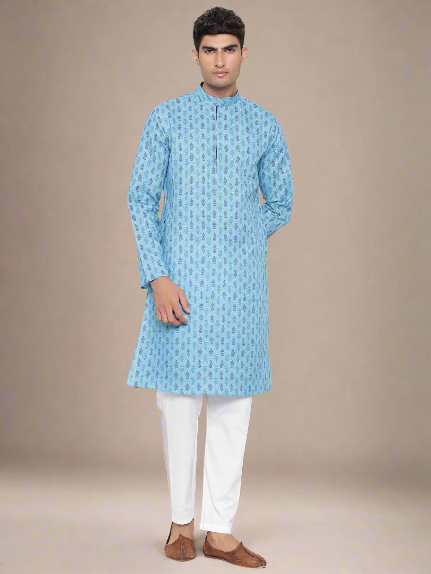 Sky Blue Ethnic Kurta Pajama Set | Men's Wedding Kurta Cotton