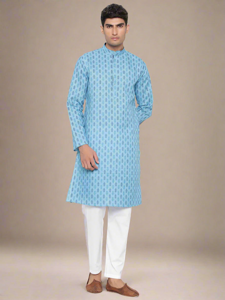 Sky Blue Ethnic Kurta Pajama Set | Men's Wedding Kurta Cotton