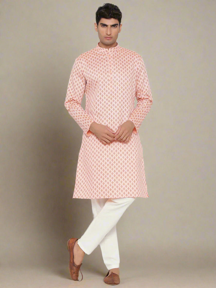 Peach Off White Kurta Pajama Set | Men's Wedding Kurta Satin Cotton