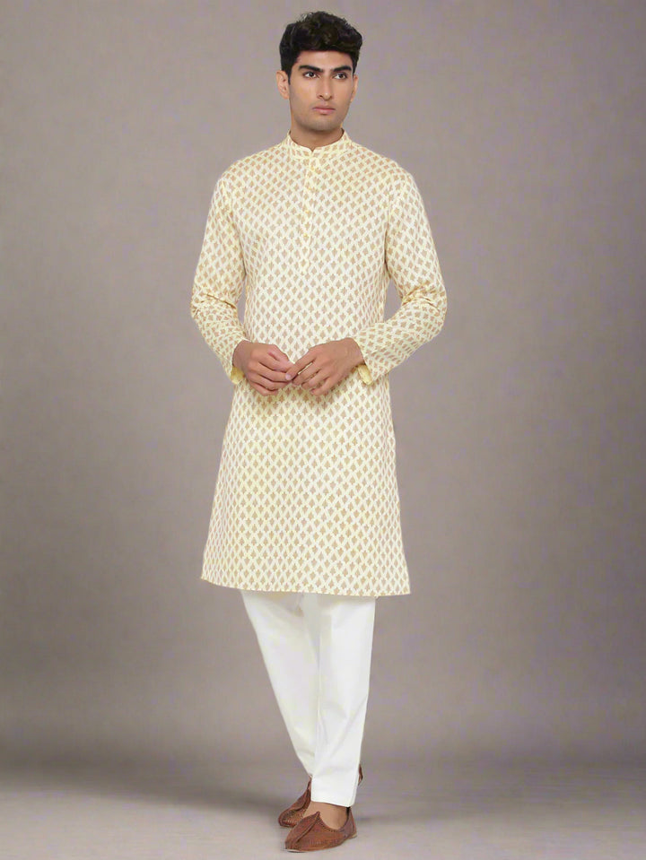 Stylish Satin Cotton Beige Kurta Pajama | Off White Cotton Bottoms