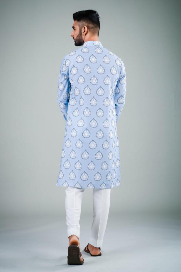 Designer Light Sky Blue Kurta Pajama | Off White Cotton Pajama