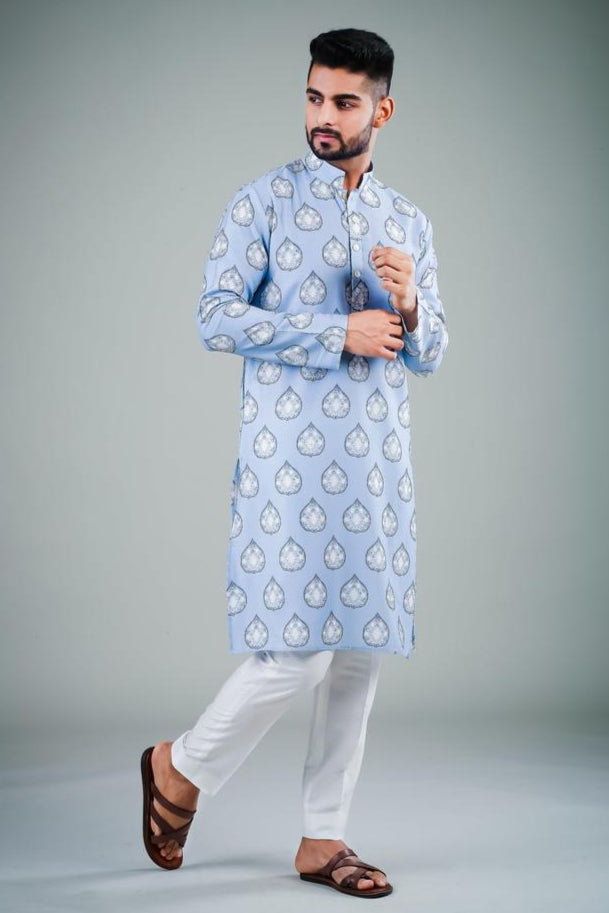 Designer Light Sky Blue Kurta Pajama | Off White Cotton Pajama