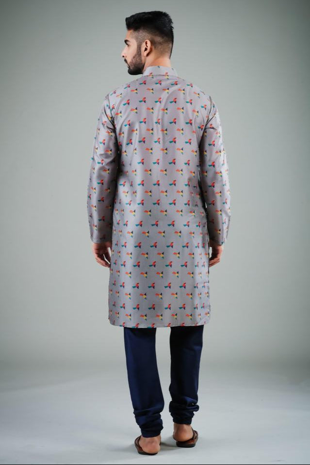 Elegant Grey Kurta Pajama | Navy Blue Bottoms Classic Ethnic Look