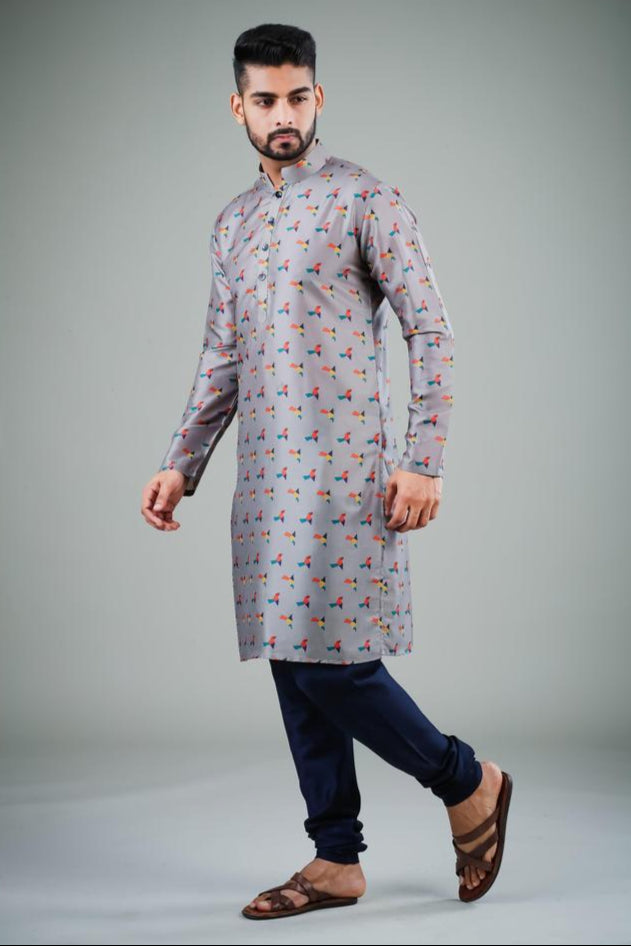 Elegant Grey Kurta Pajama | Navy Blue Bottoms Classic Ethnic Look