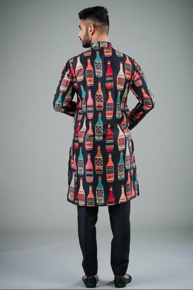 Casual Black Kurta Pajama for Men | Printed Satin Cotton  Stylish Set