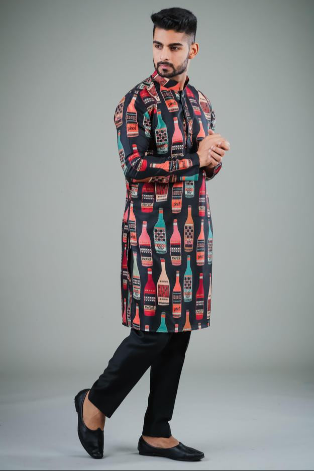 Casual Black Kurta Pajama for Men | Printed Satin Cotton  Stylish Set